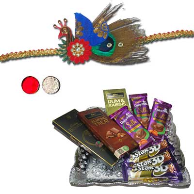 "Peacock Fancy Rakhi - FR-8520 (Single Rakhi), Choco Thali - Code RC02 - Click here to View more details about this Product